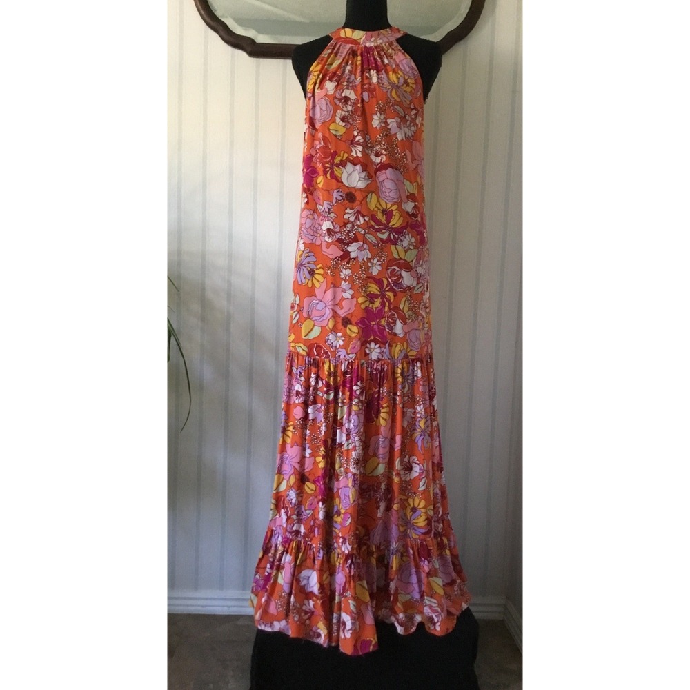 Vince Camuto Halter Neck Dress Maxi Tiered S VTG Y2K Boho Vibrant Festival Hippi - Picture 2 of 11